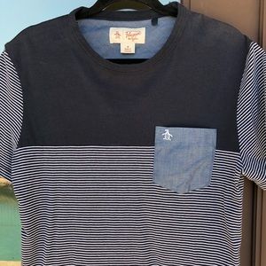 Penguin Blue + White Stripes Pocket Tee M